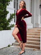 Ruched Slit Surplice Wrap Dress - Delanoir