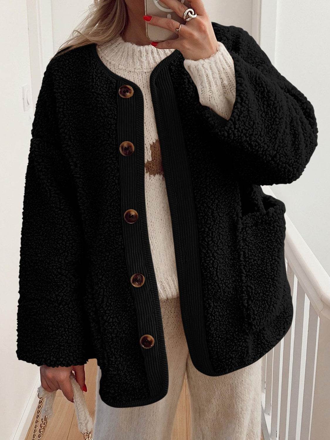Contrast Button Up Sherpa Jacket with Pockets - Delanoir