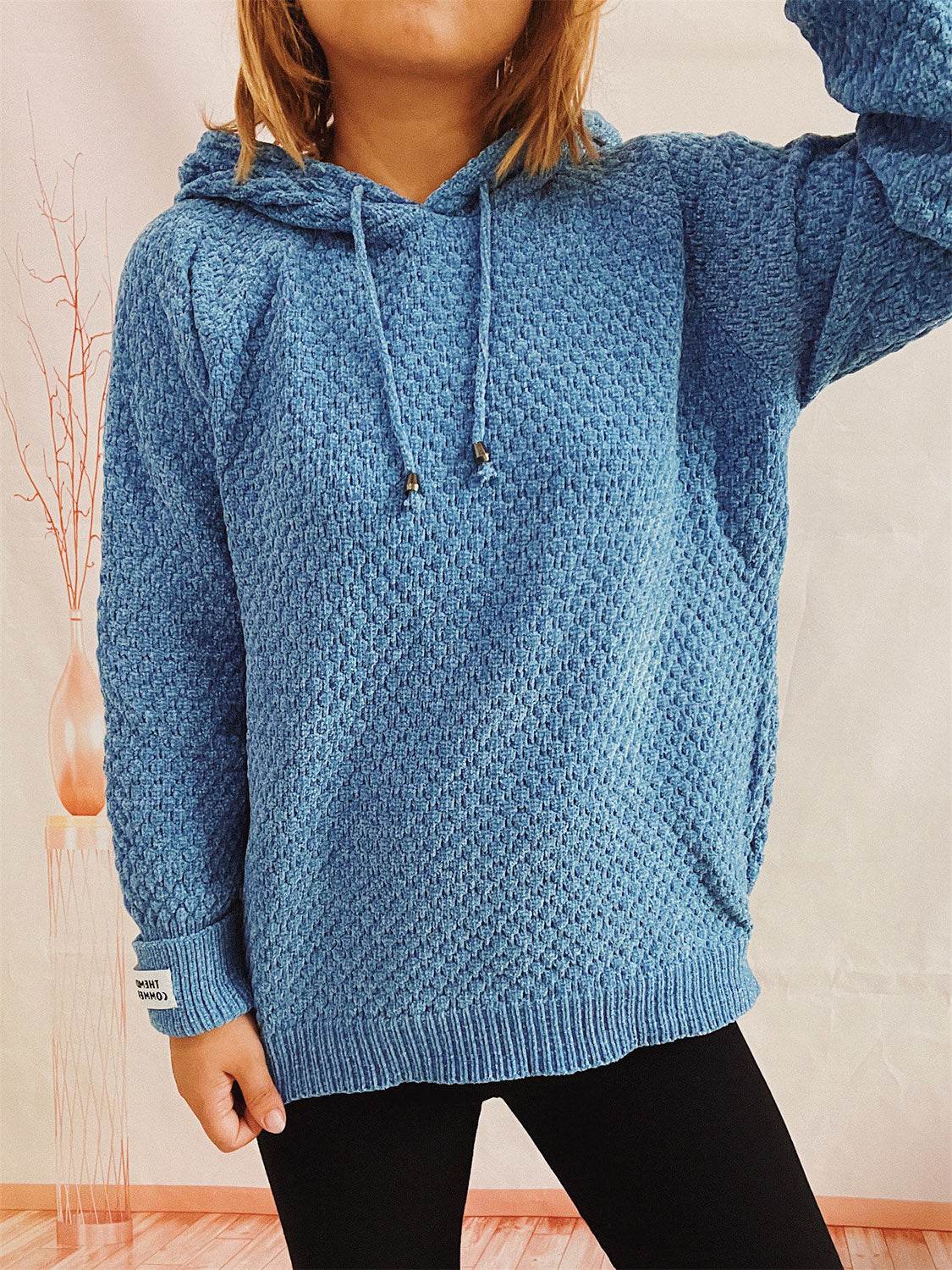 Drawstring Long Sleeve Hooded Sweater - Delanoir