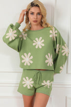 Flower Pattern Long Sleeve Sweater and Drawstring Shorts Set - Delanoir