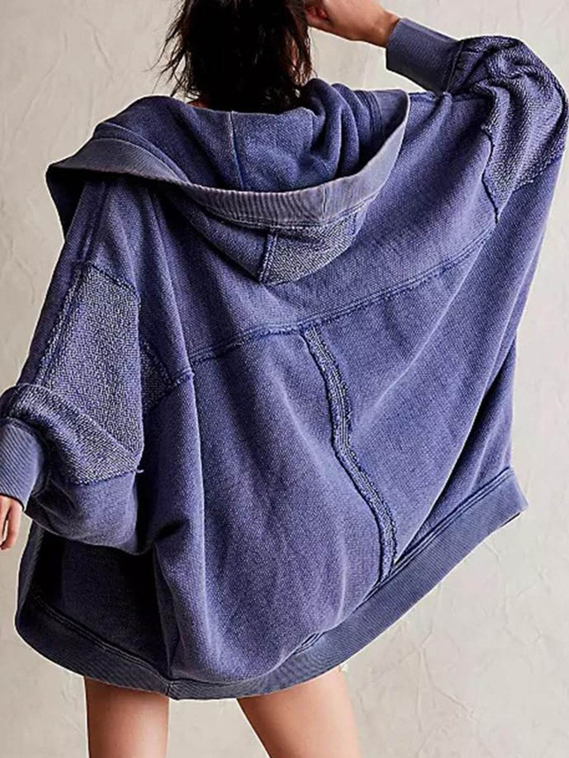 Exposed Seam Open Front Batwing Sleeve Hooded Cardigan - Delanoir