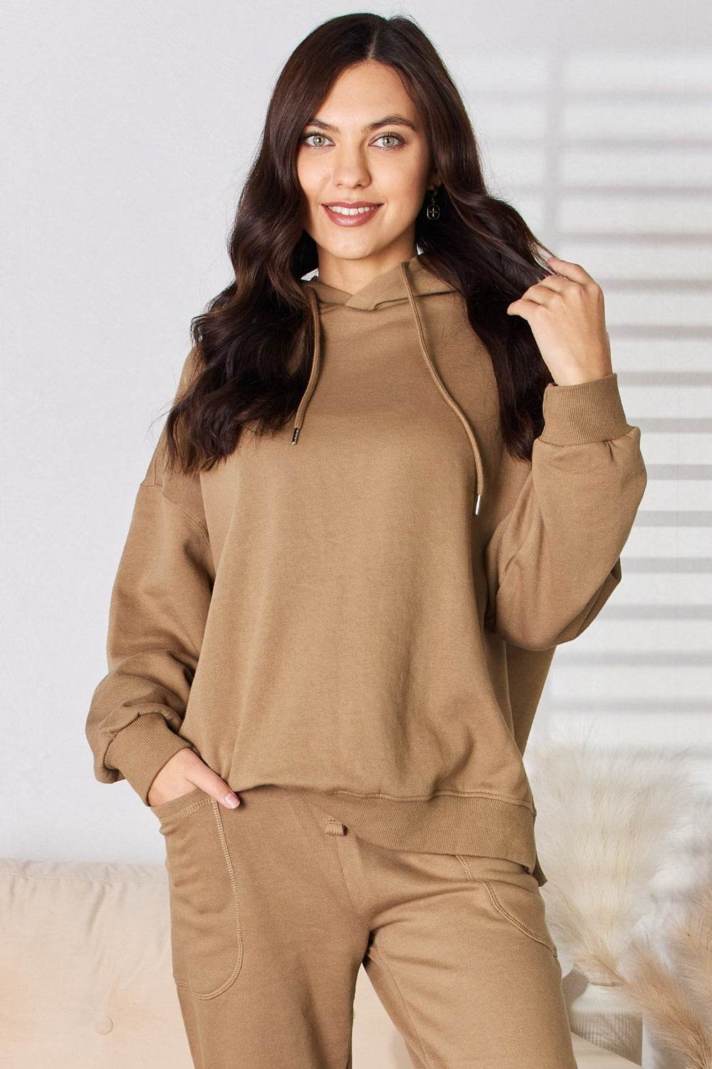 RISEN Drawstring Drop Shoulder Long Sleeve Hoodie - Delanoir