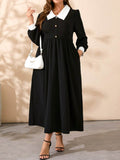 Plus Size Contrast Collared Neck Long Sleeve Midi Dress - Delanoir