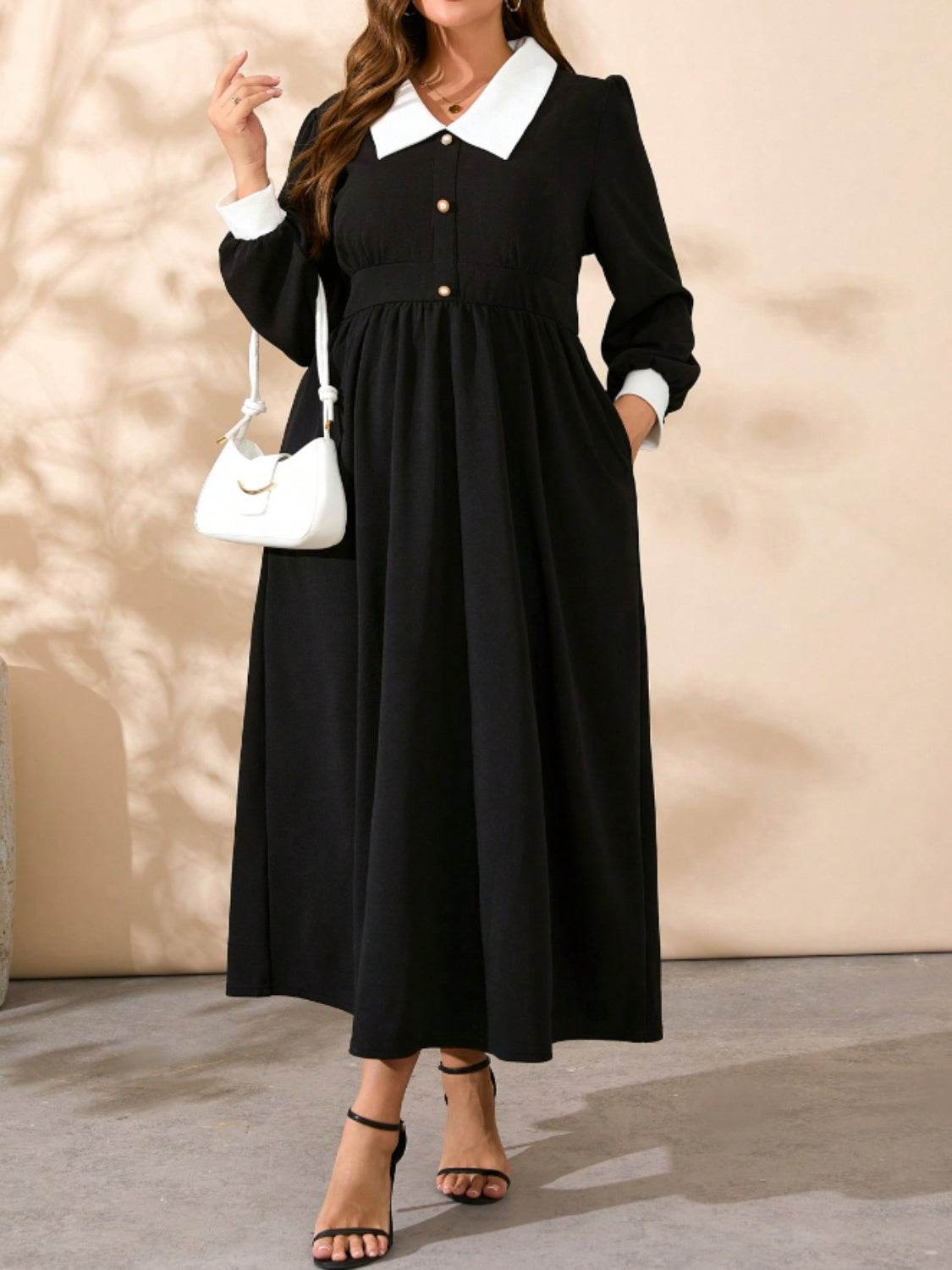 Plus Size Contrast Collared Neck Long Sleeve Midi Dress - Delanoir