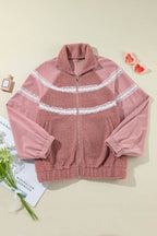 Lace Detail Zip Up Sherpa Patchwork Jacket - Delanoir