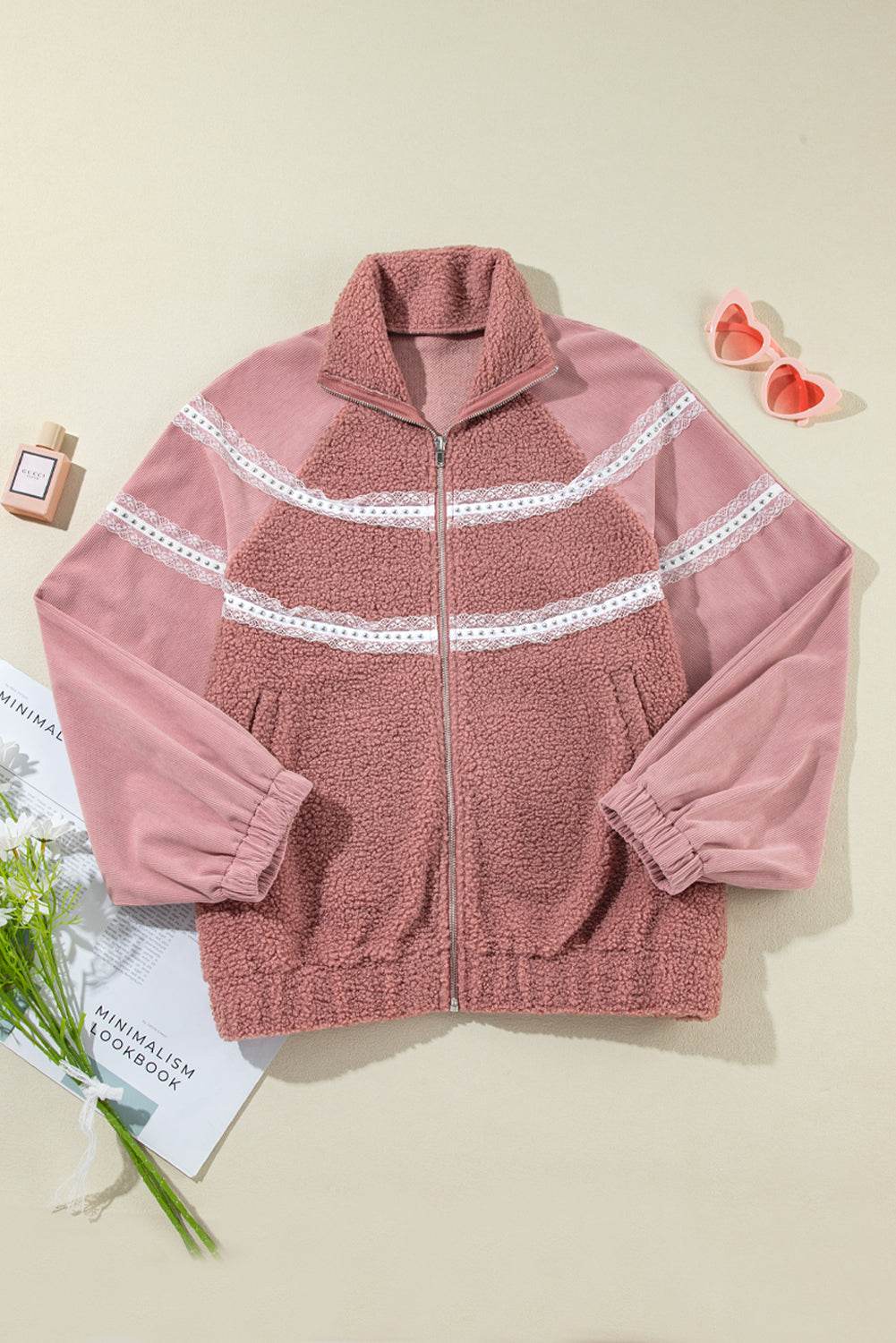Lace Detail Zip Up Sherpa Patchwork Jacket - Delanoir