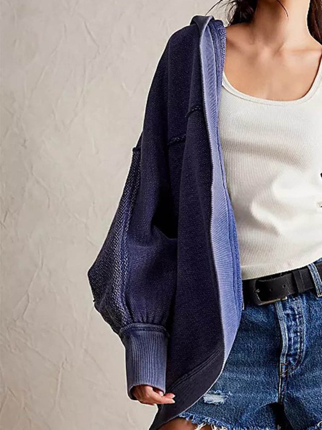 Exposed Seam Open Front Batwing Sleeve Hooded Cardigan - Delanoir