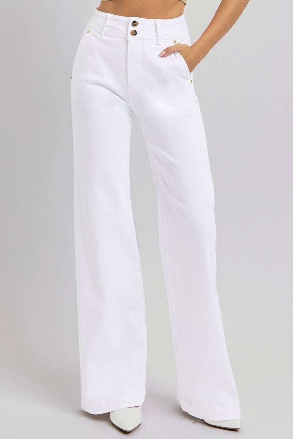 RISEN Full Size Tummy Control Double Button Wide Leg Jeans - Delanoir