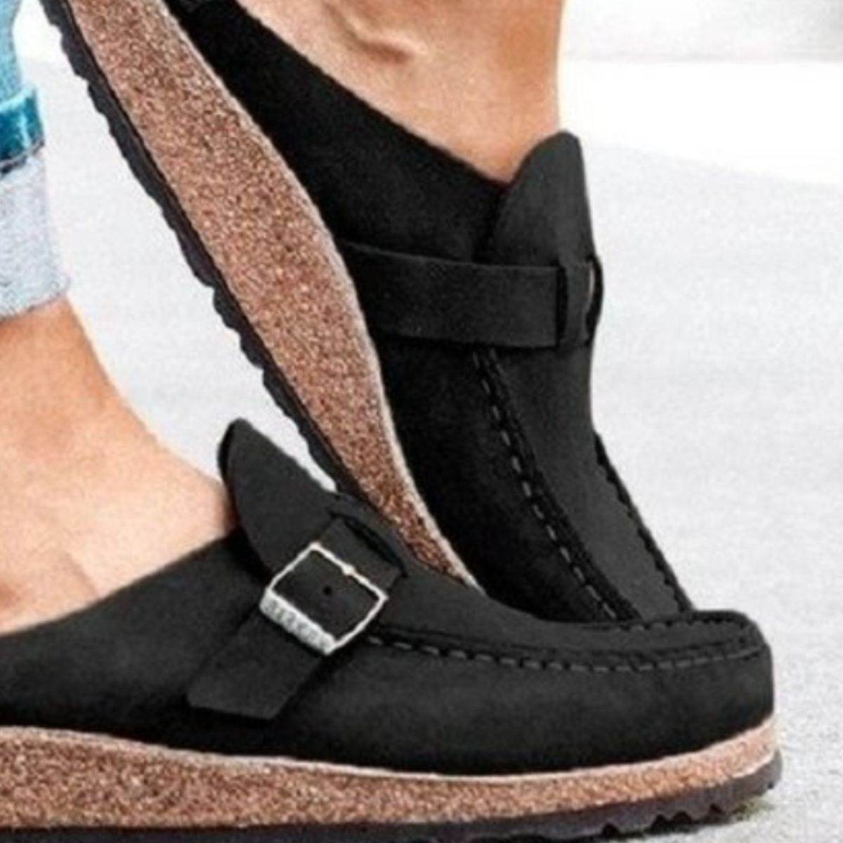 Round Toe Low Heel Buckle Loafers - Delanoir