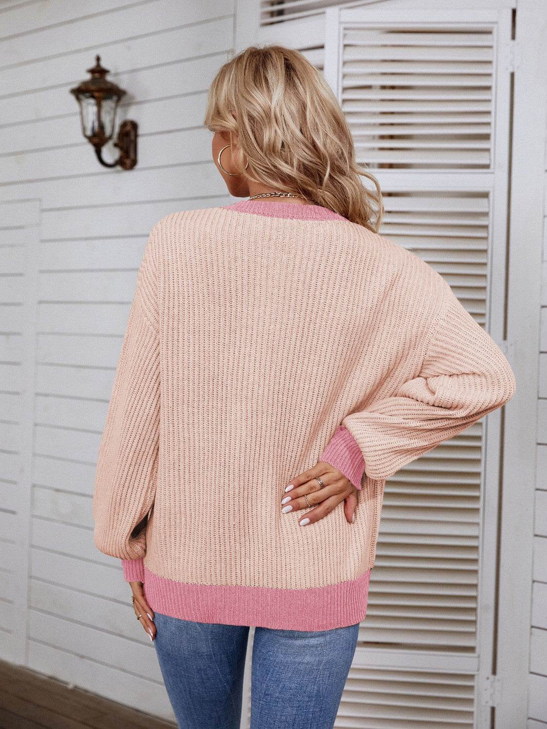 Decorative Button Round Neck Sweater - Delanoir