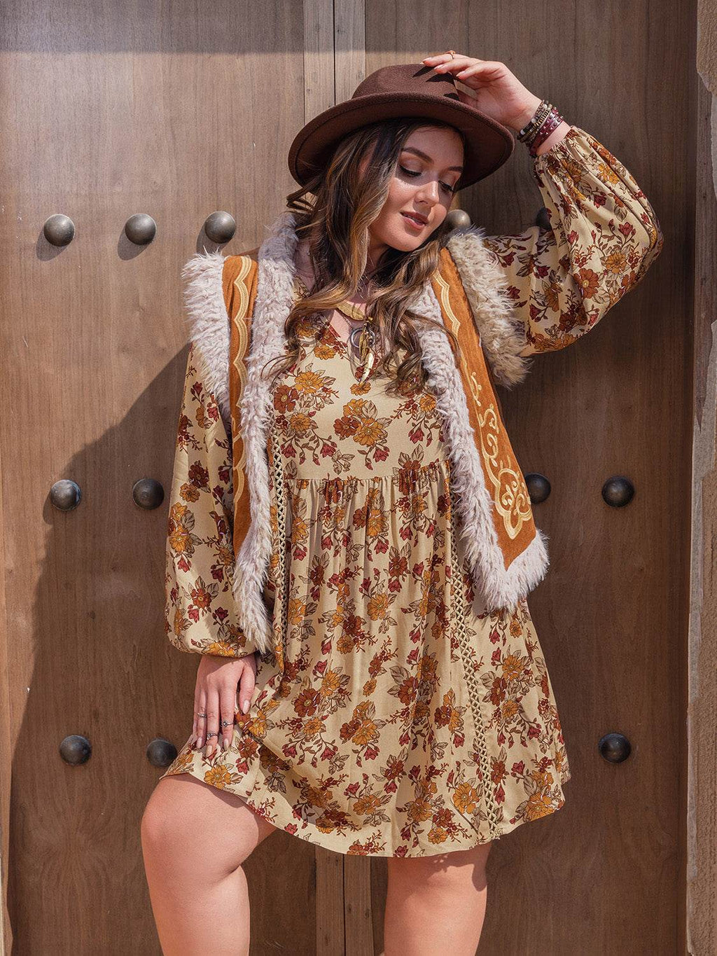 Plus Size Printed V-Neck Balloon Sleeve Mini Dress - Delanoir