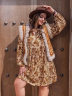 Plus Size Printed V-Neck Balloon Sleeve Mini Dress - Delanoir