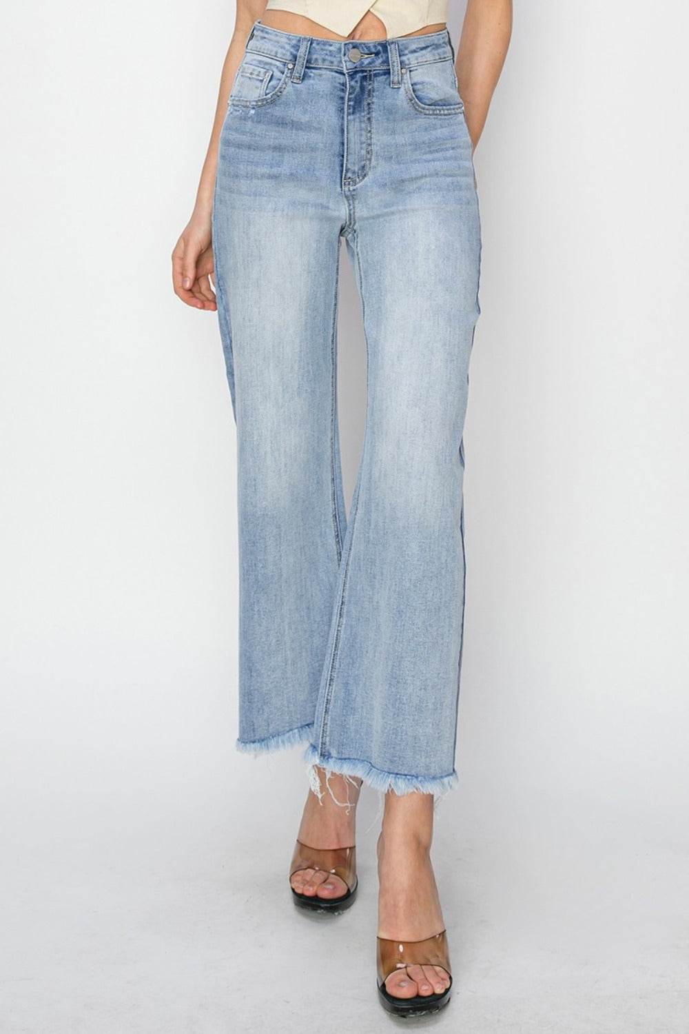 RISEN High Rise Crop Wide Fray Hem Jeans - Delanoir