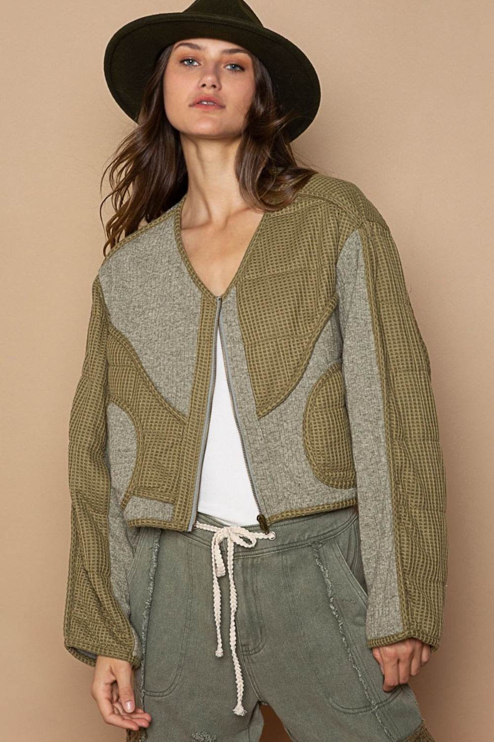 POL Quilted Knit Viding Detail Knit Patch Jacket - Delanoir