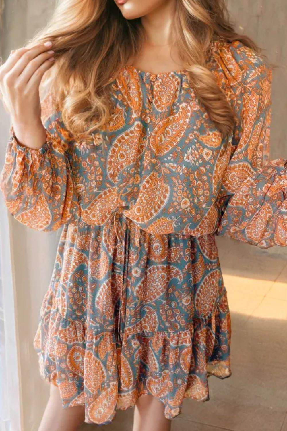 Ruffle Hem Printed Long Sleeve Dress - Delanoir