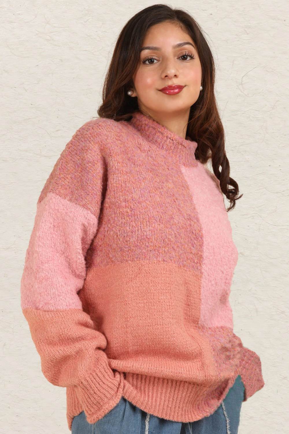 VERY J Color Block Mock Neck Drop Shoulder Sweater - Delanoir