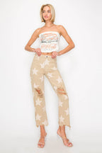 RISEN Full Size High Rise Star Printed Frayed Hem Jeans - Delanoir