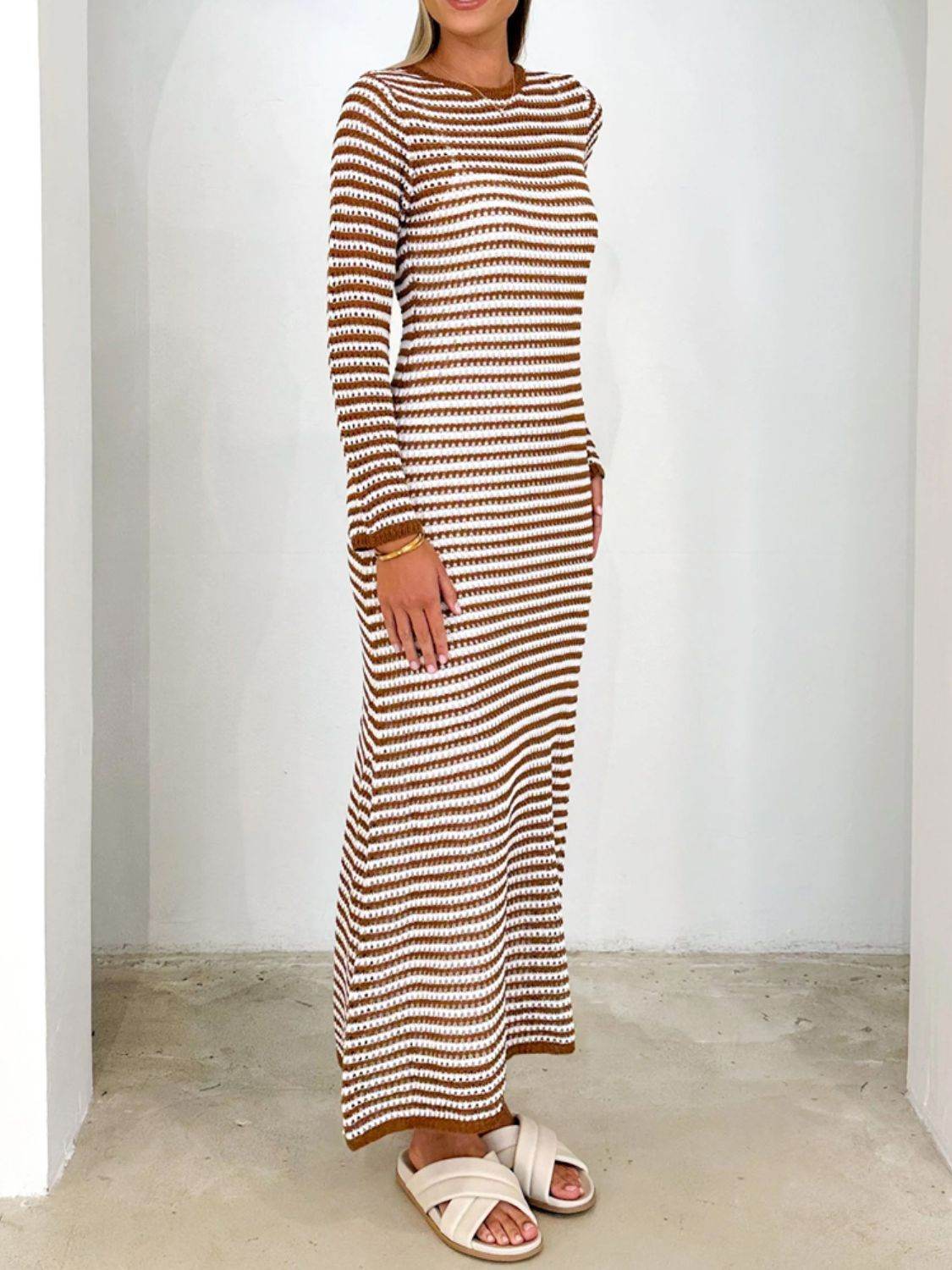 Devine Tied Round Neck Striped Sweater Dress - Delanoir