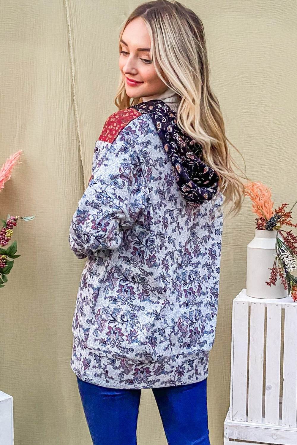 And The Why Printed Half Zip Up Long Sleeve Hoodie - Delanoir
