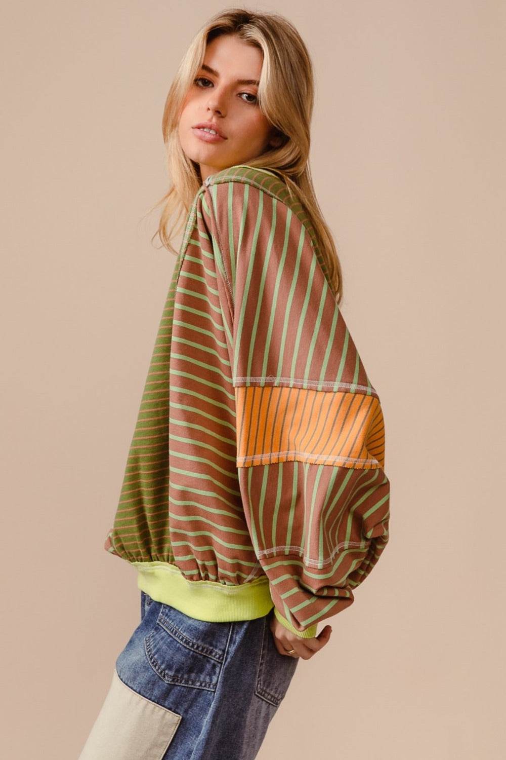 BiBi Color Block Striped Round Neck Sweatshirt - Delanoir