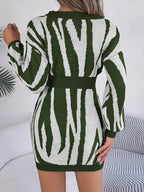 Animal Print V-Neck Long Sleeve Sweater Dress - Delanoir