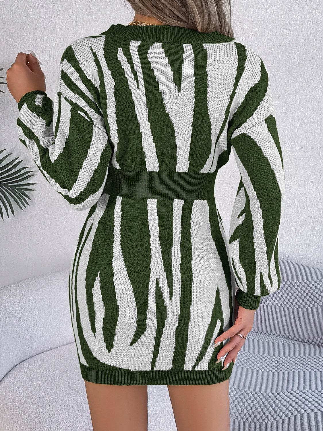 Animal Print V-Neck Long Sleeve Sweater Dress - Delanoir