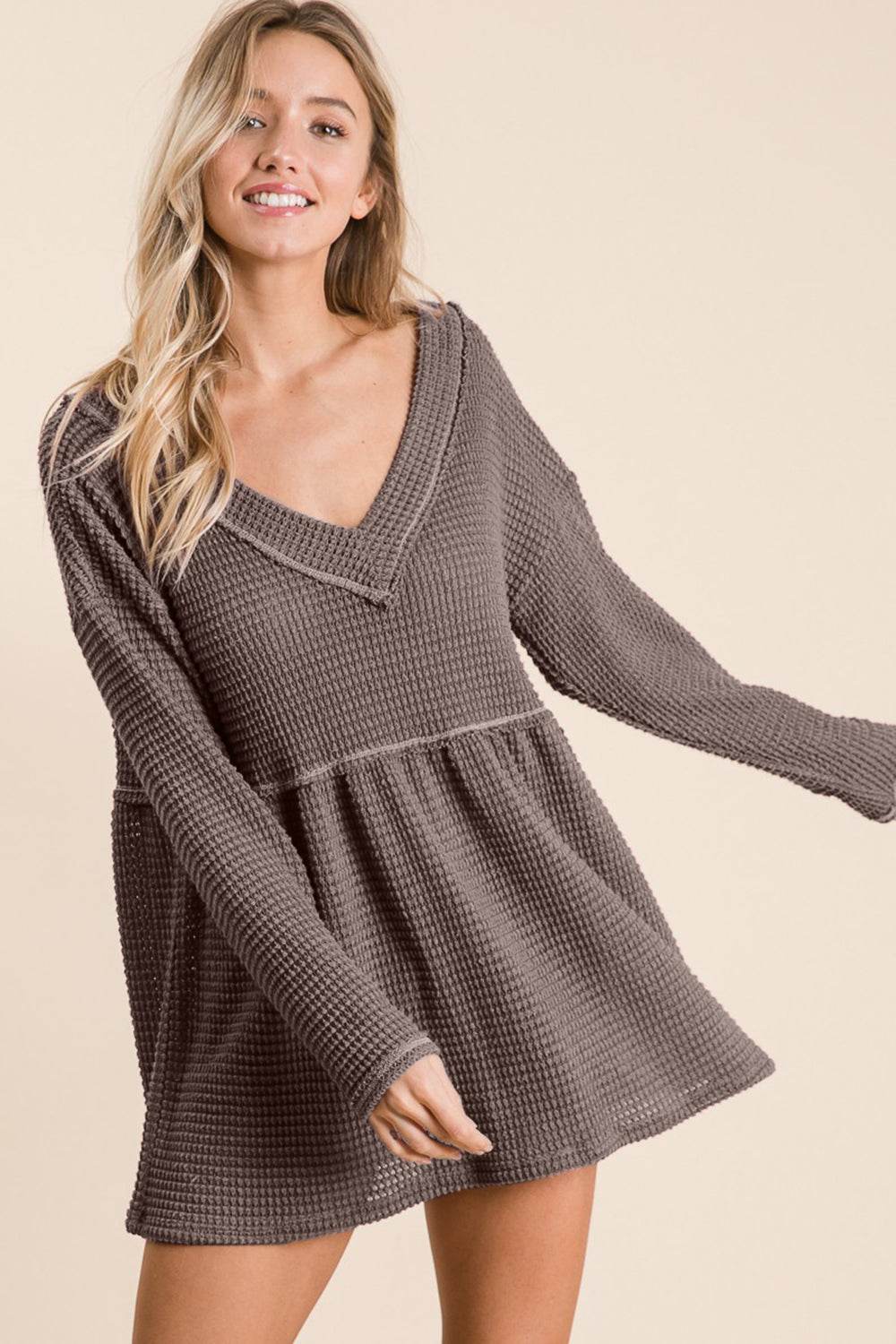 BiBi Waffle Knit V-Neck Babydoll Blouse - Delanoir