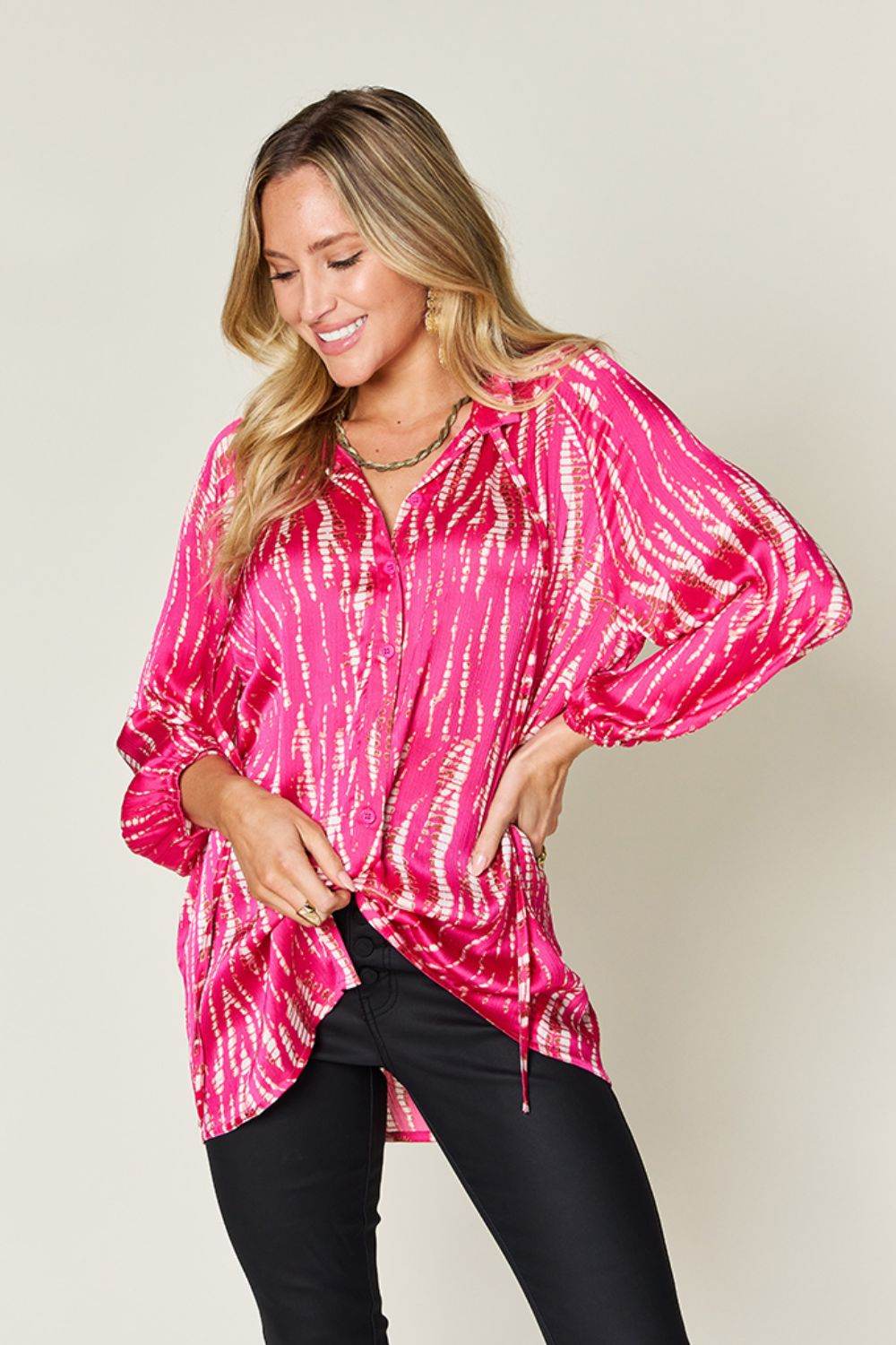 Double Take Full Size Printed Button Up Long Sleeve Shirt - Delanoir
