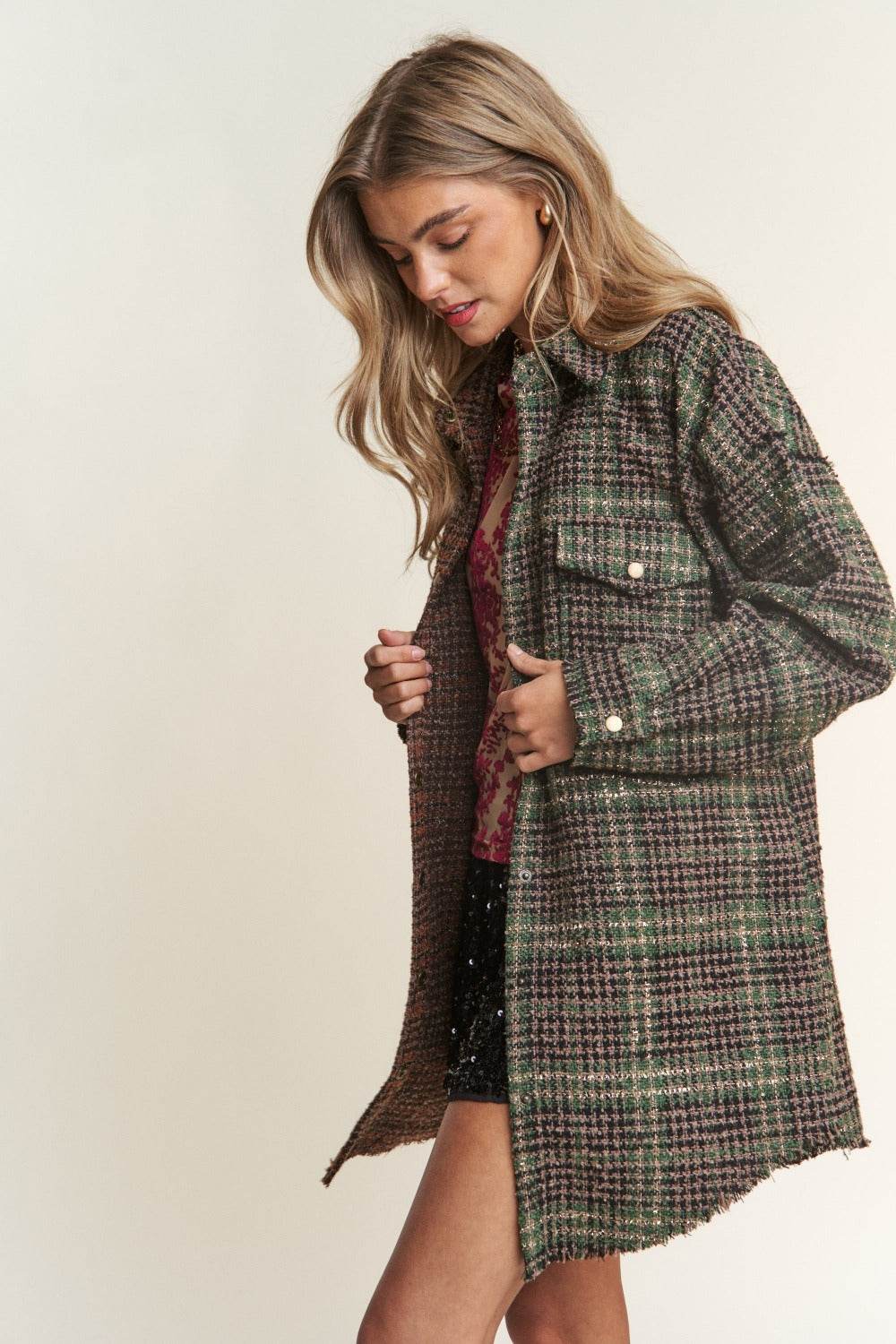 J.NNA Snap Down Tweed Plaid Contrast Longline Shacket - Delanoir