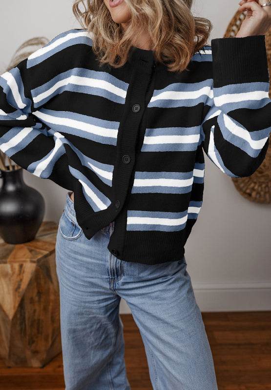 Striped Button Down Long Sleeve Cardigan - Delanoir