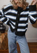 Striped Button Down Long Sleeve Cardigan - Delanoir