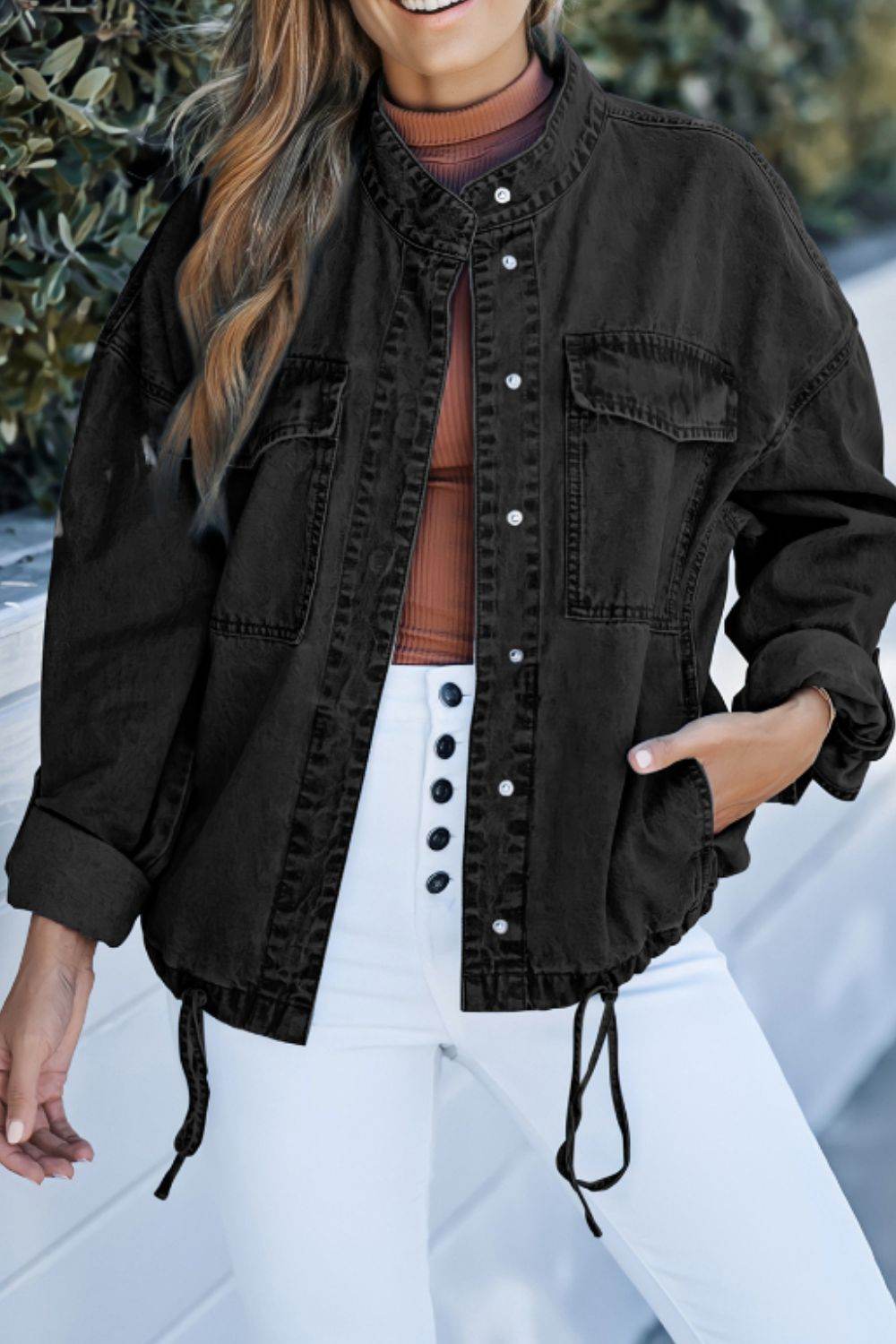 Drawstring Snap Down Denim Jacket with Chest Pockets - Delanoir
