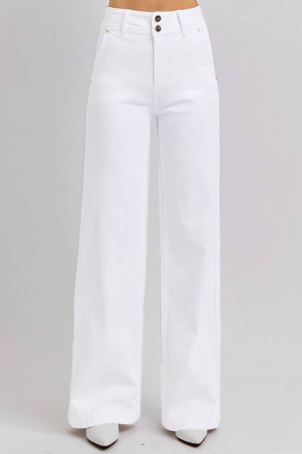 RISEN Full Size Tummy Control Double Button Wide Leg Jeans - Delanoir