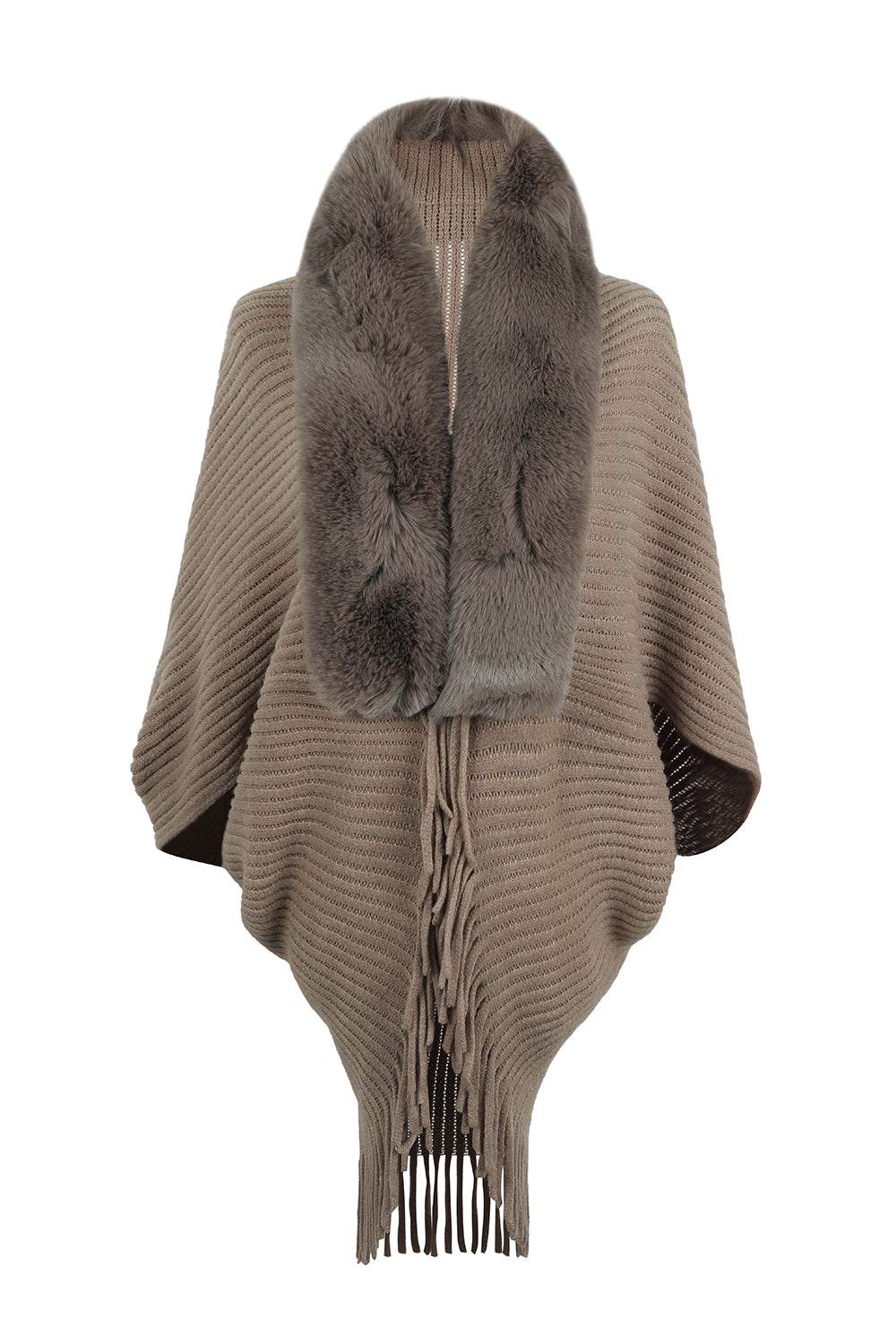 Fringe Detail Long Sleeve Ribbed Poncho - Delanoir