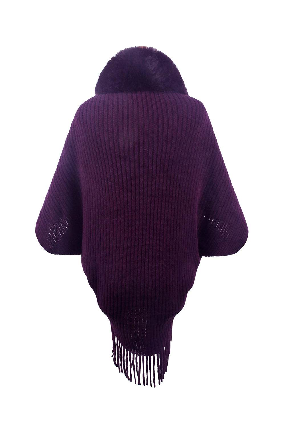 Fringe Detail Long Sleeve Ribbed Poncho - Delanoir