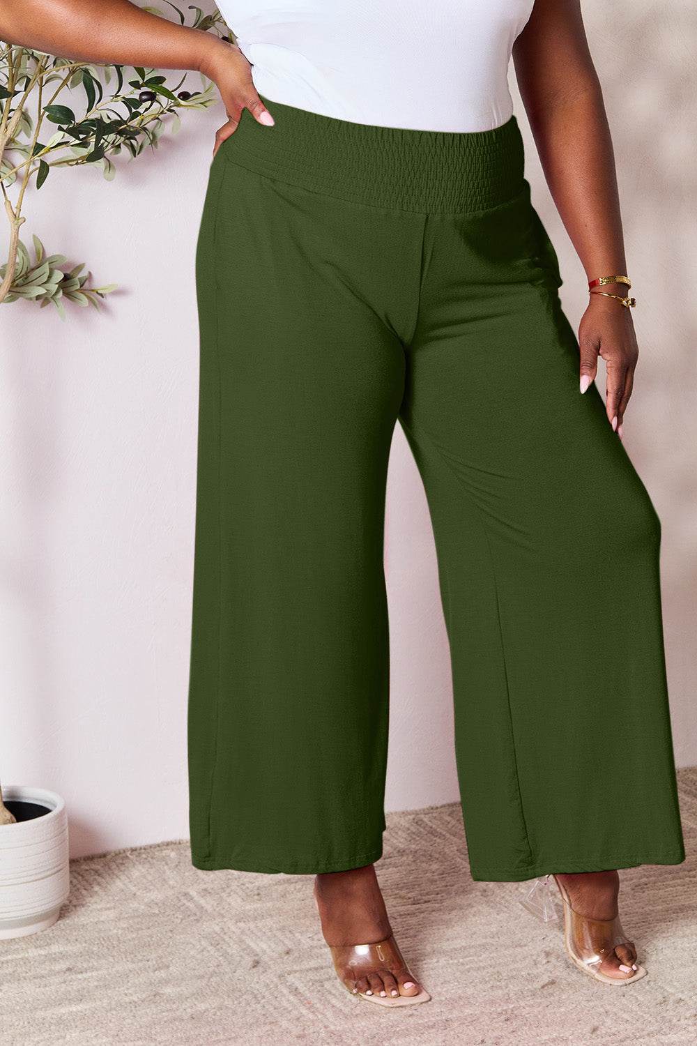 Double Take Full Size Smocked Wide Waistband Wide Leg Pants - Delanoir