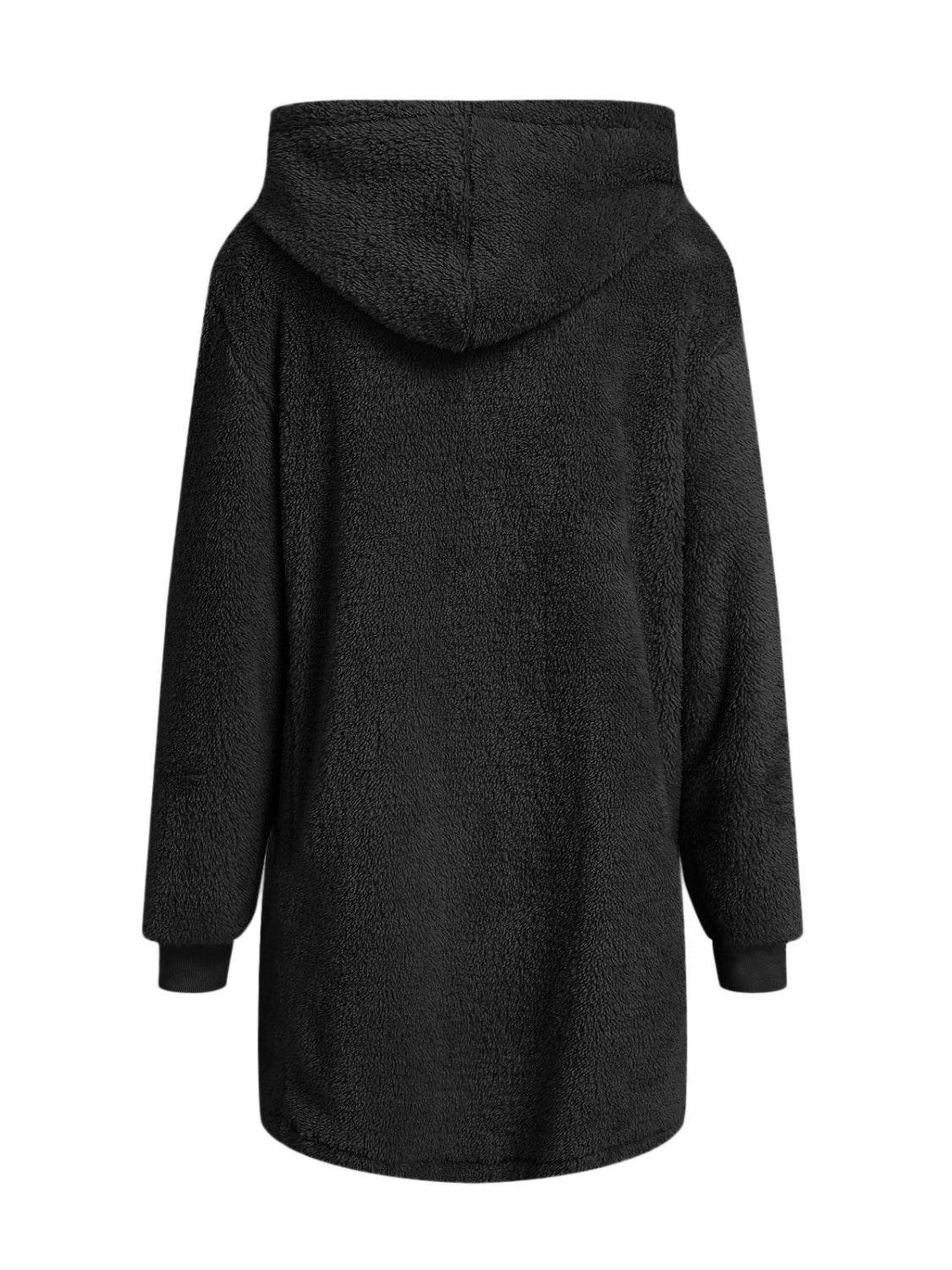 Fuzzy Pocketed Zip Up Long Sleeve Hooded Jacket - Delanoir
