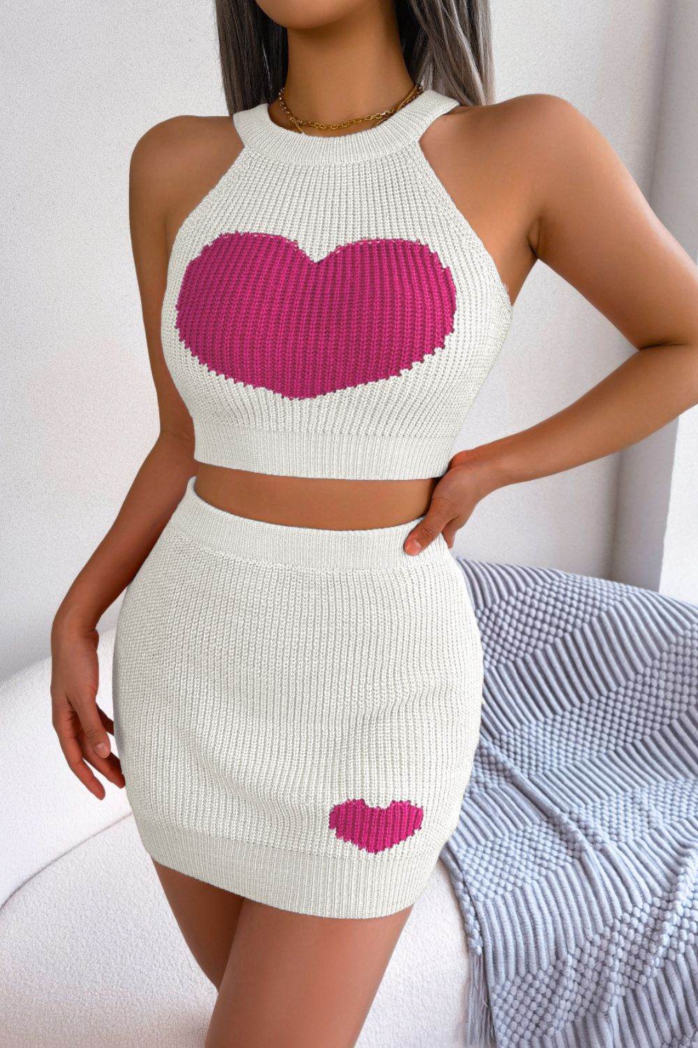 Heart Contrast Ribbed Sleeveless Knit Top and Skirt Set - Delanoir