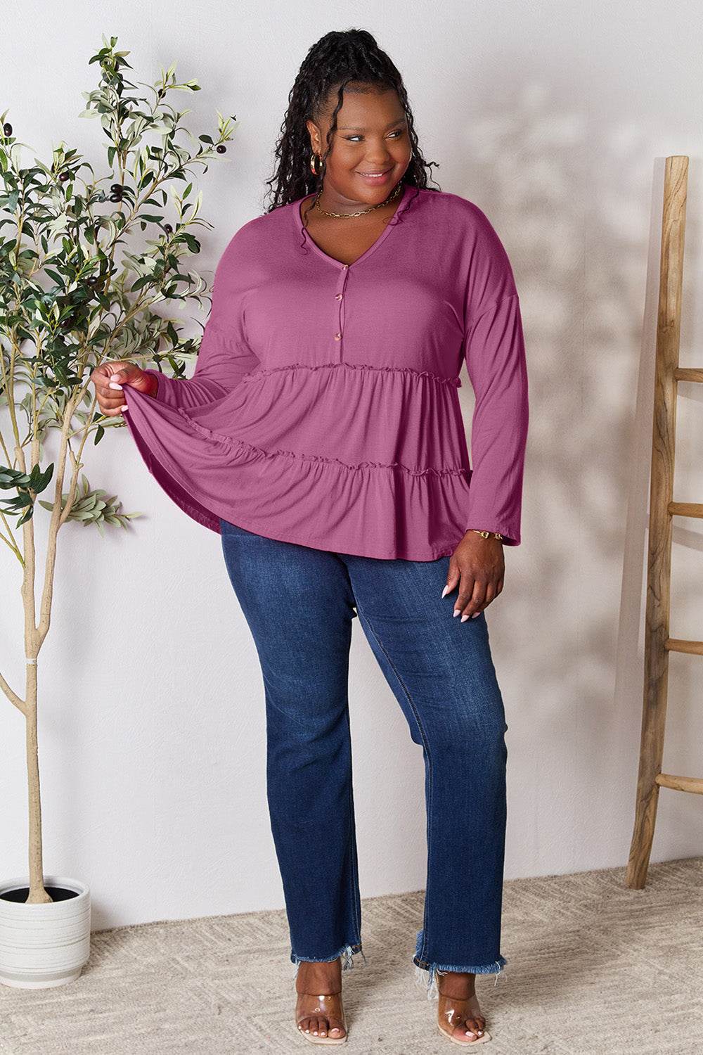 Double Take Half Button Long Sleeve Ruffle Hem Blouse - Delanoir