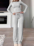 Round Neck Long Sleeve Top and Drawstring Pants Set - Delanoir