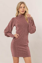 HYFVE Glitter Mock Neck Long Sleeve Mini Dress - Delanoir