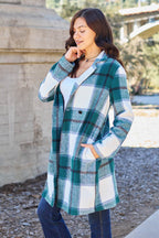 Double Take Full Size Plaid Button Up Lapel Collar Coat - Delanoir