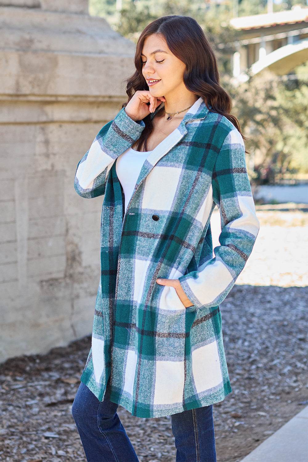 Double Take Full Size Plaid Button Up Lapel Collar Coat - Delanoir