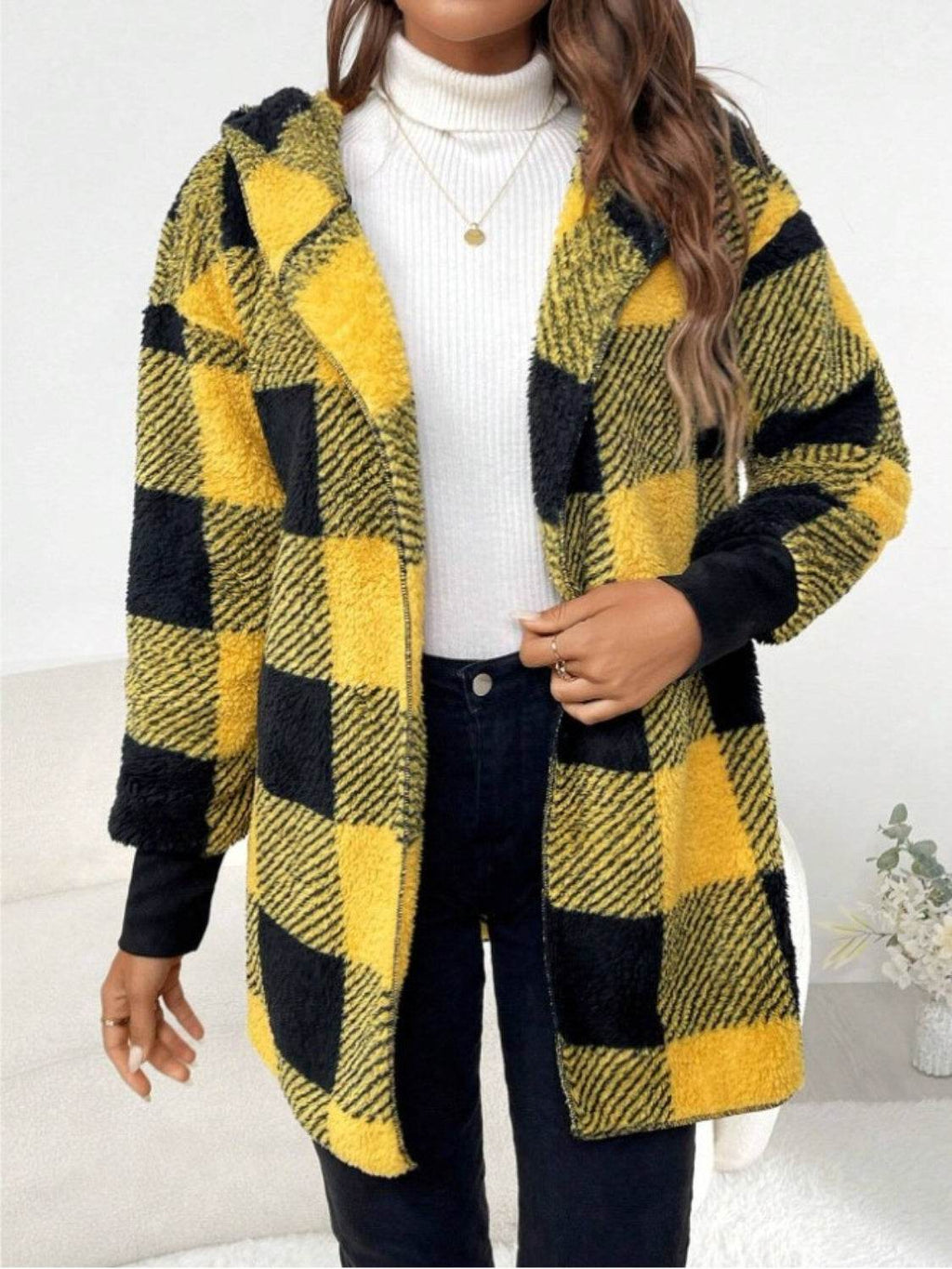 Plaid Long Sleeve Hooded Coat - Delanoir