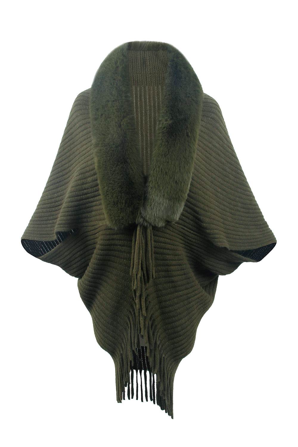 Fringe Detail Long Sleeve Ribbed Poncho - Delanoir