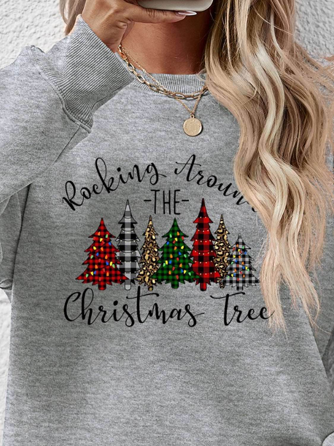 Christmas Tree Graphic Round Neck Sweatshirt - Delanoir