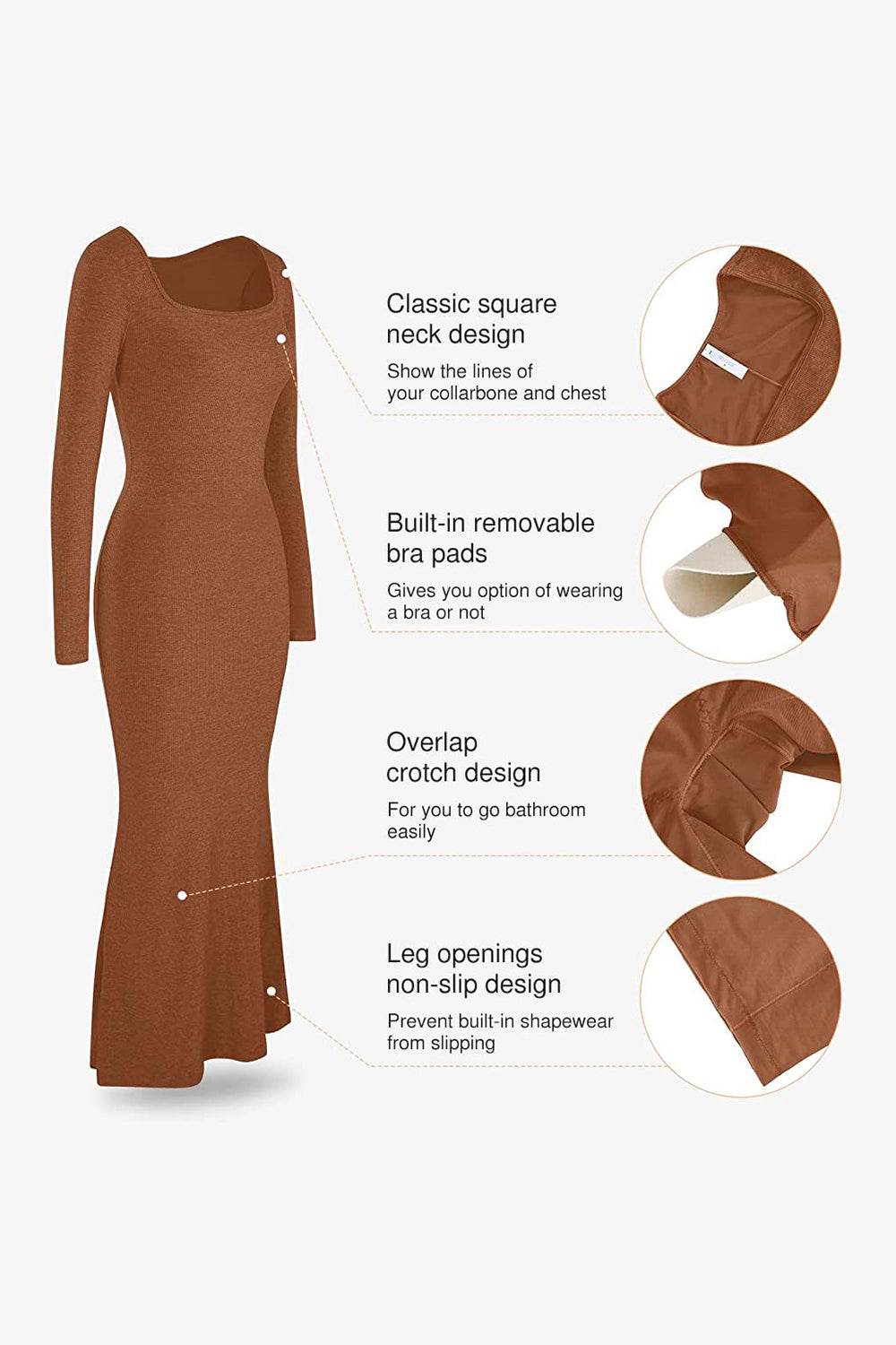 Basic Bae Built-In Shapewear Square Neck Long Sleeve Maxi Dress - Delanoir