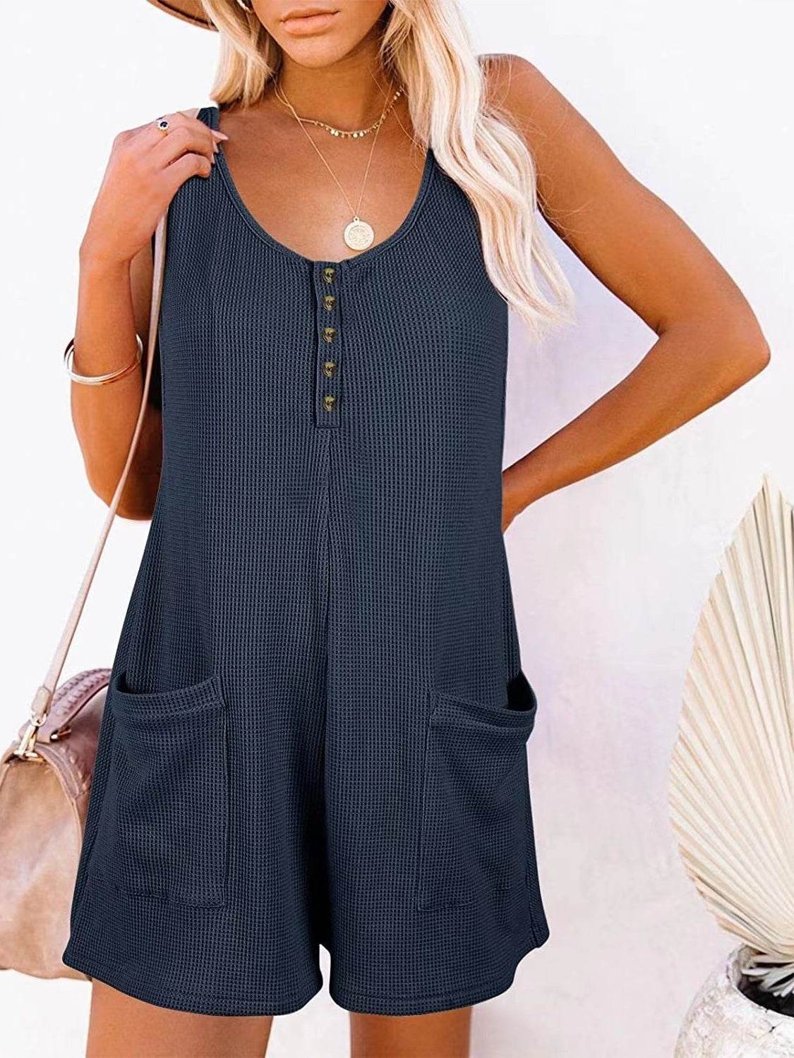 Full Size Pocketed Scoop Neck Sleeveless Romper - Delanoir
