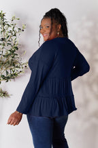 Double Take Half Button Long Sleeve Ruffle Hem Blouse - Delanoir