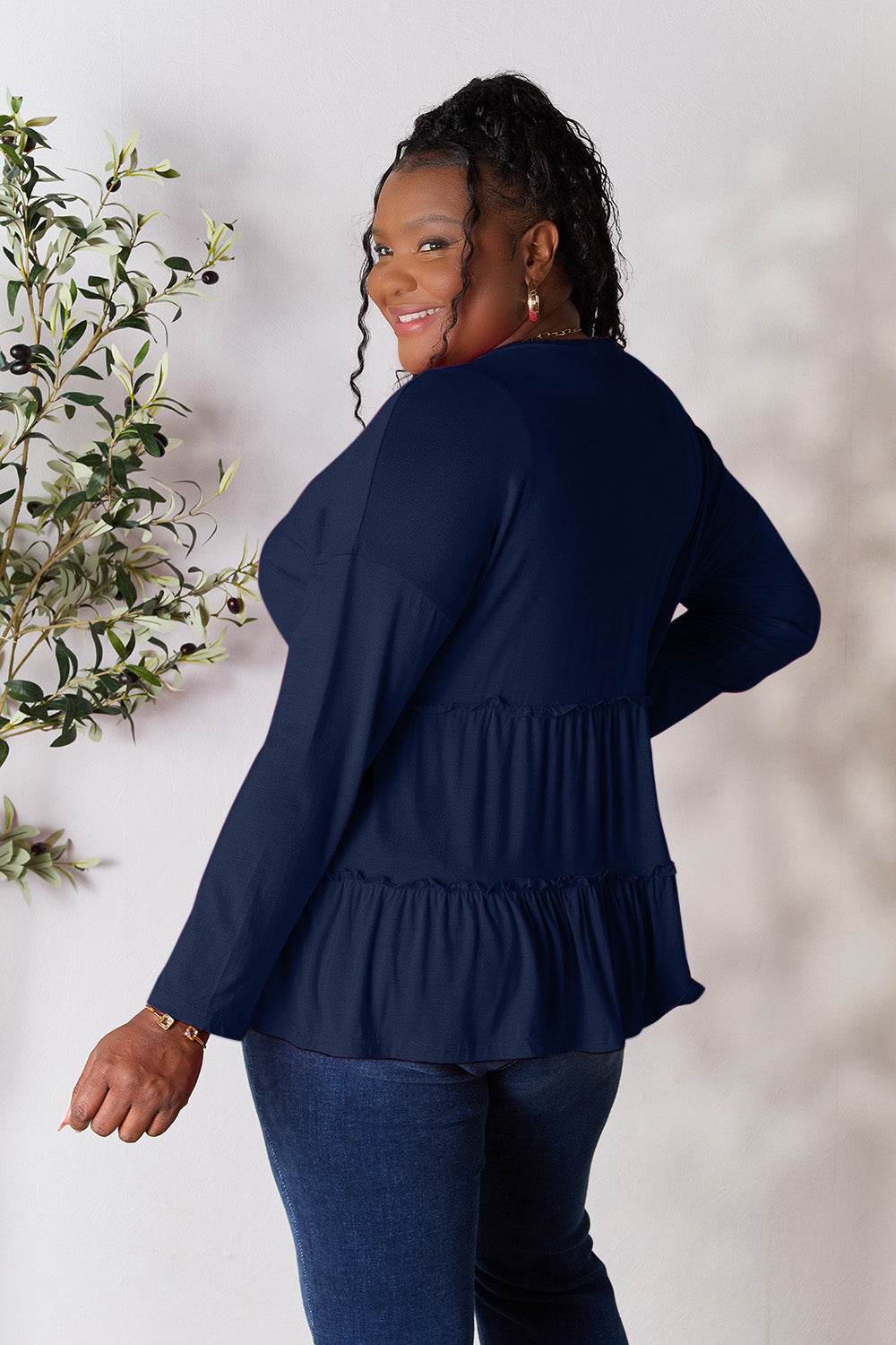 Double Take Half Button Long Sleeve Ruffle Hem Blouse - Delanoir